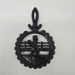 Vintage Trivet Hot Plate Wall Footed Cast Iron Enamelware Dutch Woman Black